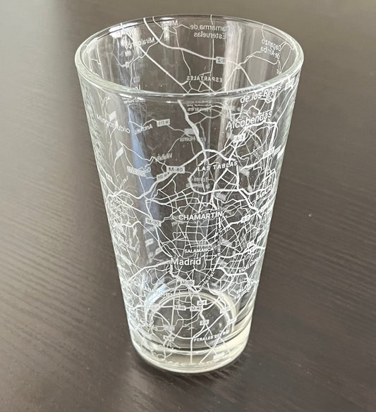 16 oz Pint Beer Glass Urban City Map Madrid, Spain