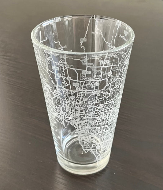 16 oz Pint Beer Glass Urban City Map Melbourne VIC, Australia