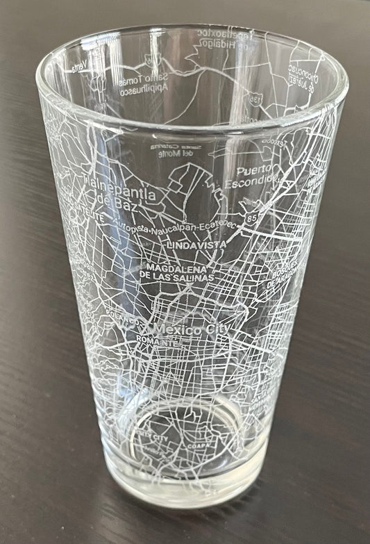 16 oz Pint Beer Glass Urban City Map Mexico City, Mexico