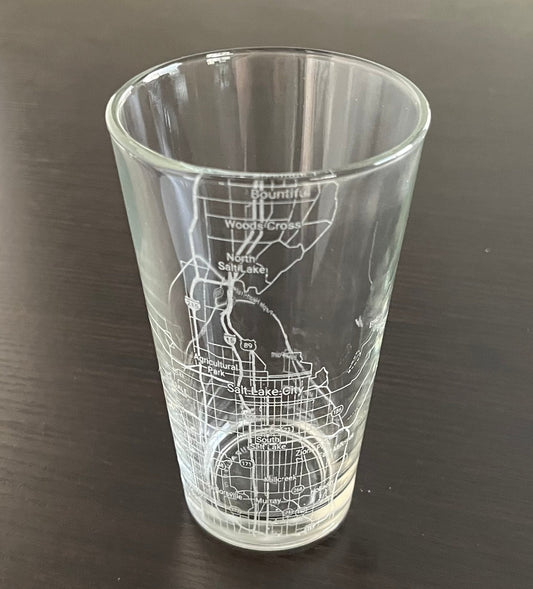 16 oz Pint Beer Glass Urban City Map Salt Lake City, UT