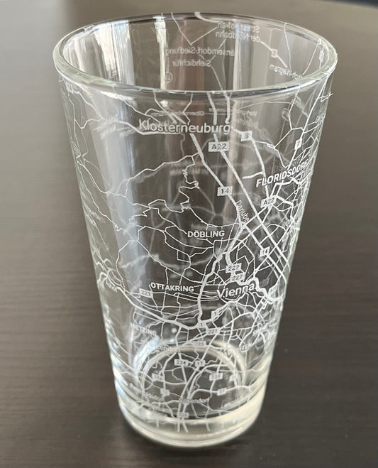 16 oz Pint Beer Glass Urban City Map Vienna, Austria