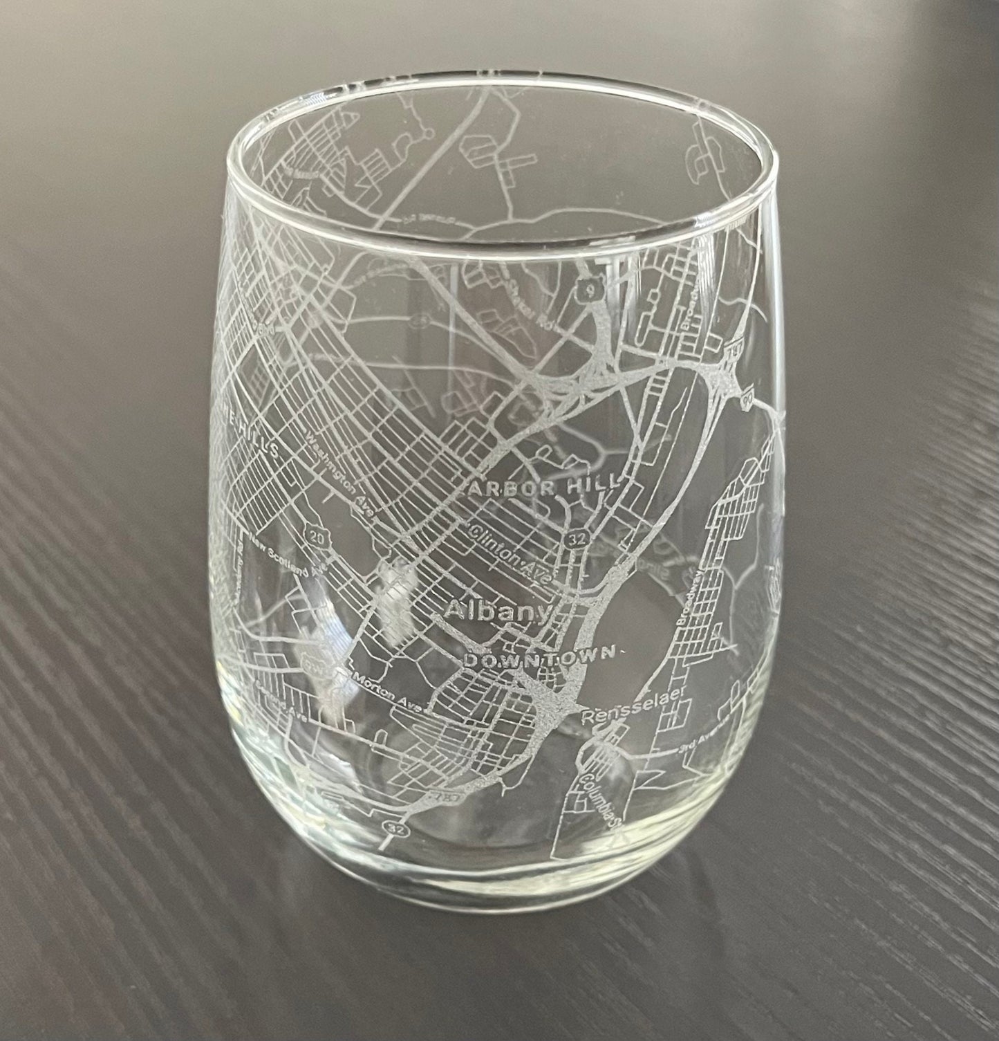 Stemless Wine Glass Urban City Map Albany, NY