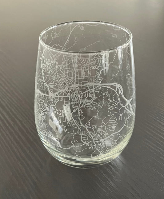 Stemless Wine Glass Urban City Map Asheville, NC