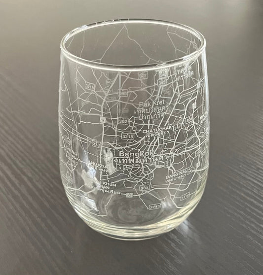 Stemless Wine Glass Urban City Map Bangkok, Thailand