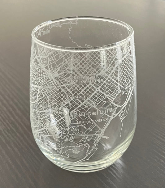 Stemless Wine Glass Urban City Map Barcelona, Spain