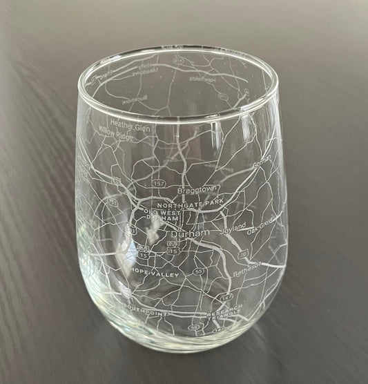 Stemless Wine Glass Urban City Map Durham, NC