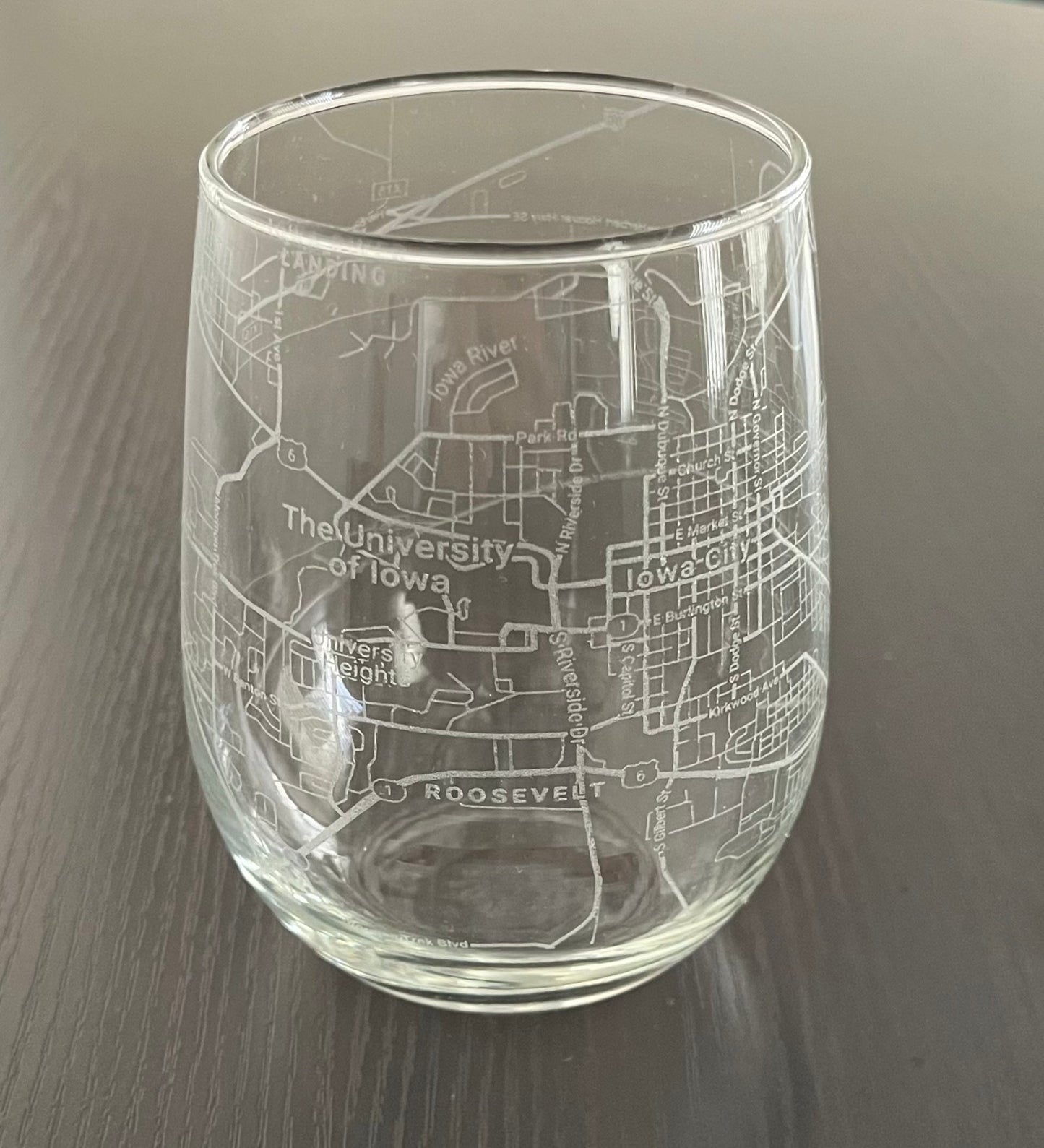 Stemless Wine Glass Urban City Map Iowa City, IA