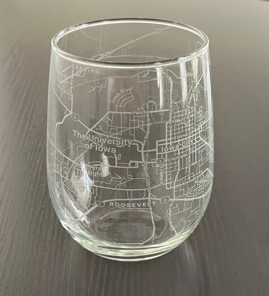 Stemless Wine Glass Urban City Map Iowa City, IA