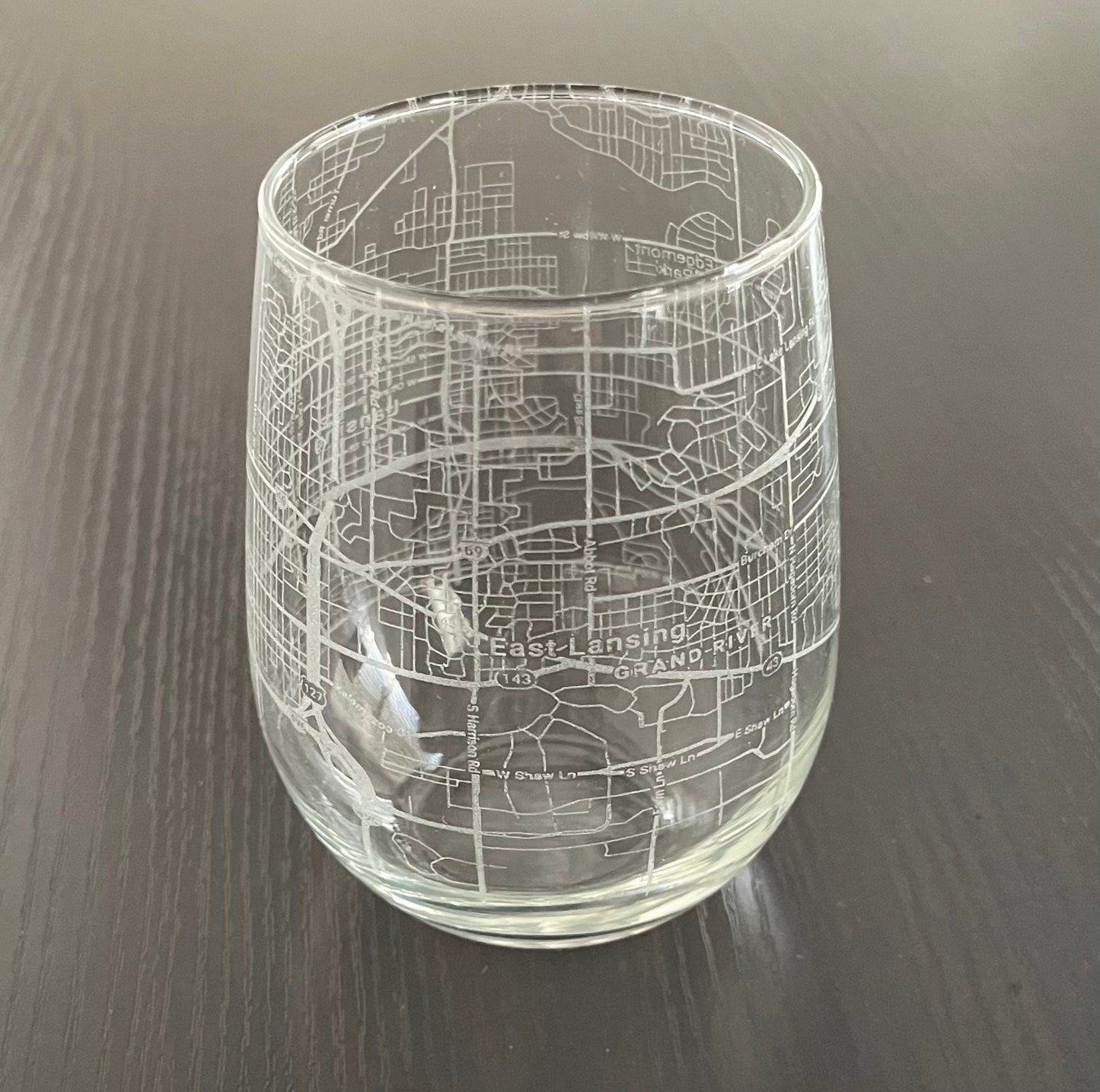 Stemless Wine Glass Urban City Map Lansing & East Lansing, MI