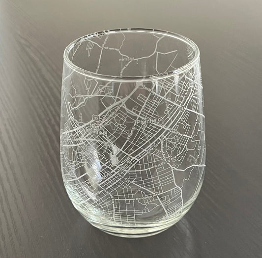 Stemless Wine Glass Urban City Map Plainfield, NJ