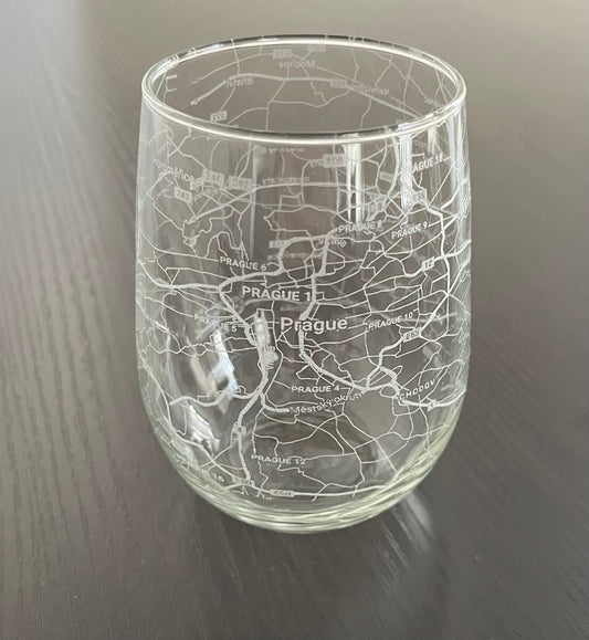 Stemless Wine Glass Urban City Map Prague, Czech Republic