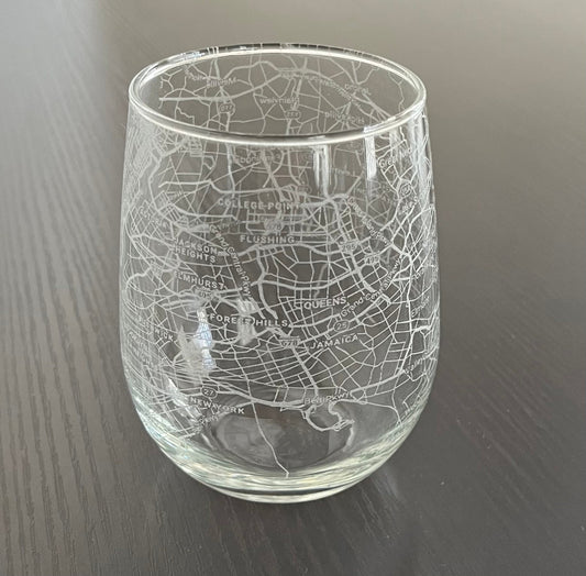 Stemless Wine Glass Urban City Map Queens, NY