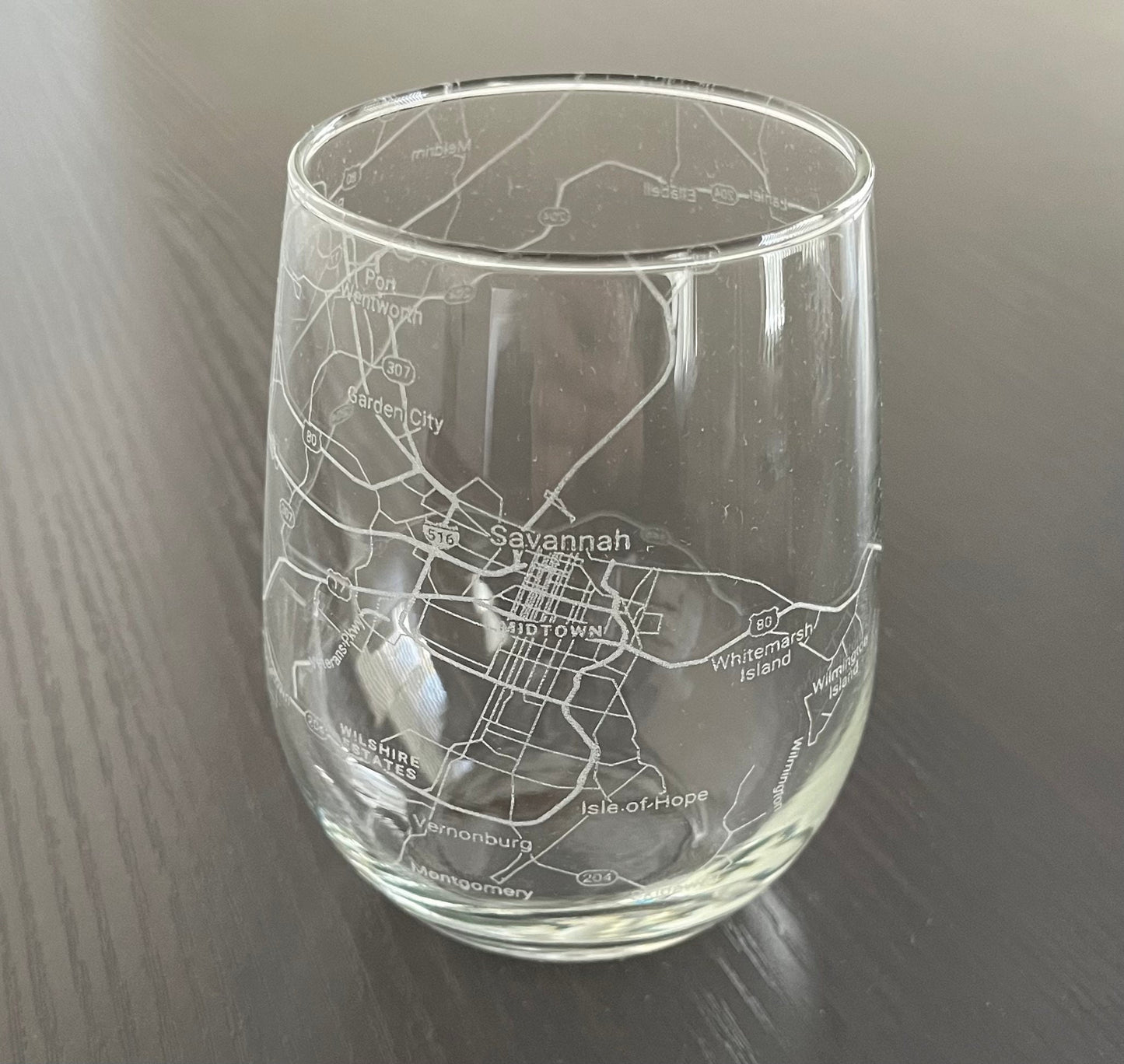 Stemless Wine Glass Urban City Map Savannah, GA