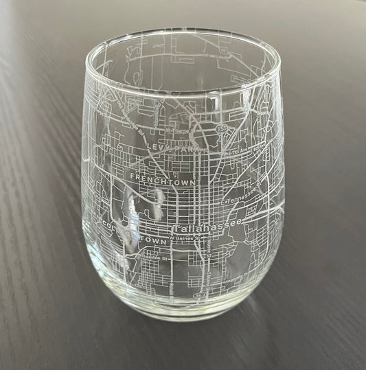 Stemless Wine Glass Urban City Map Tallahassee, FL