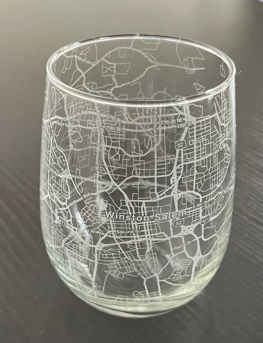 Stemless Wine Glass Urban City Map Winston-Salem, NC