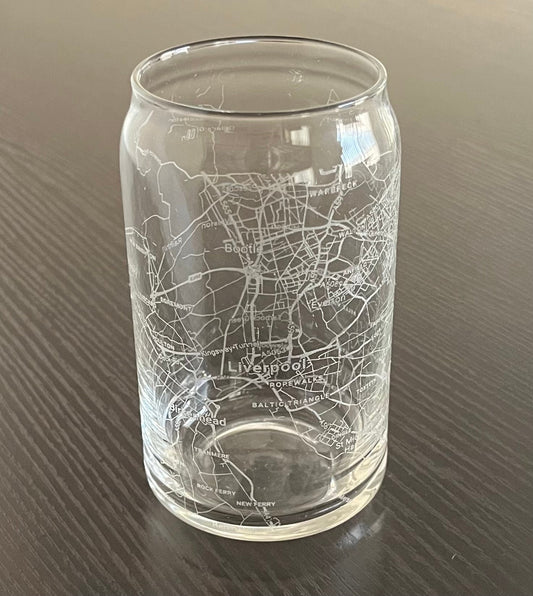 16 oz Beer Can Glass Urban City Map Liverpool, UK