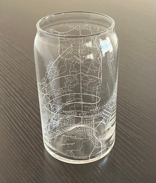 16 oz Beer Can Glass Urban City Map Madison, WI