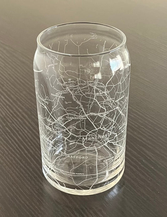 16 oz Beer Can Glass Urban City Map Manchester, UK