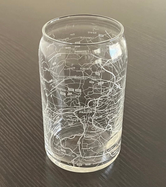 16 oz Beer Can Glass Urban City Map Prague, Czech Republic