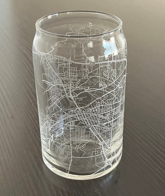 16 oz Beer Can Glass Urban City Map Tuscaloosa, AL